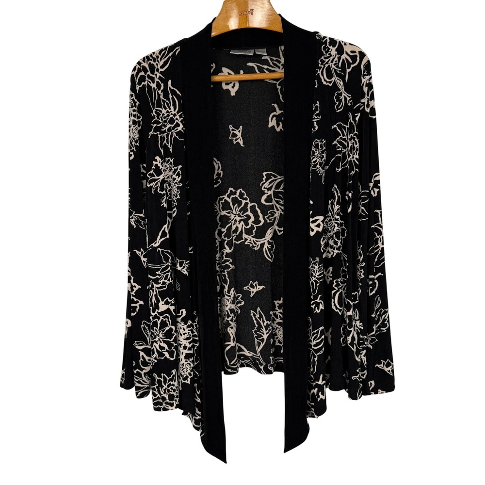 Chico's Travelers Cardigan Size 1 M Black Ivory Floral Open Front Waterfall